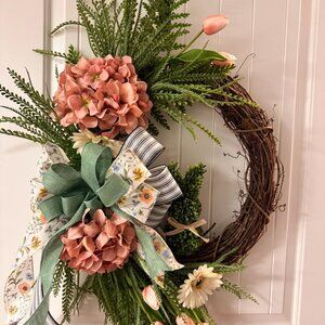 Crafted Everyday / Spring Wreath with Pink Hydrangeas, Tulips & Ribbon Door Wrea